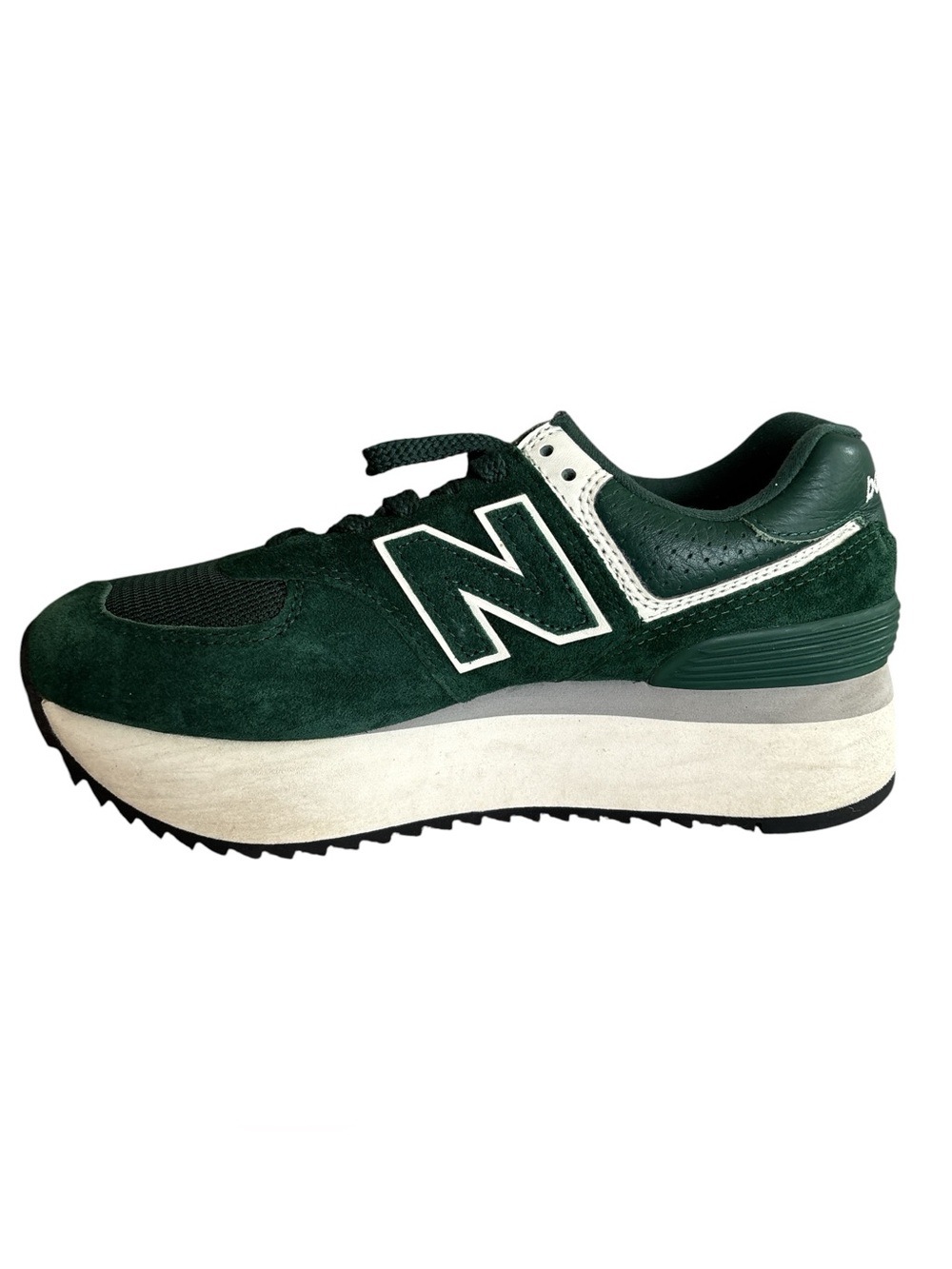 New Balance 574 Women's Acidic Green Suede Platform Sneakers with White Accents - Picture 2 of 10